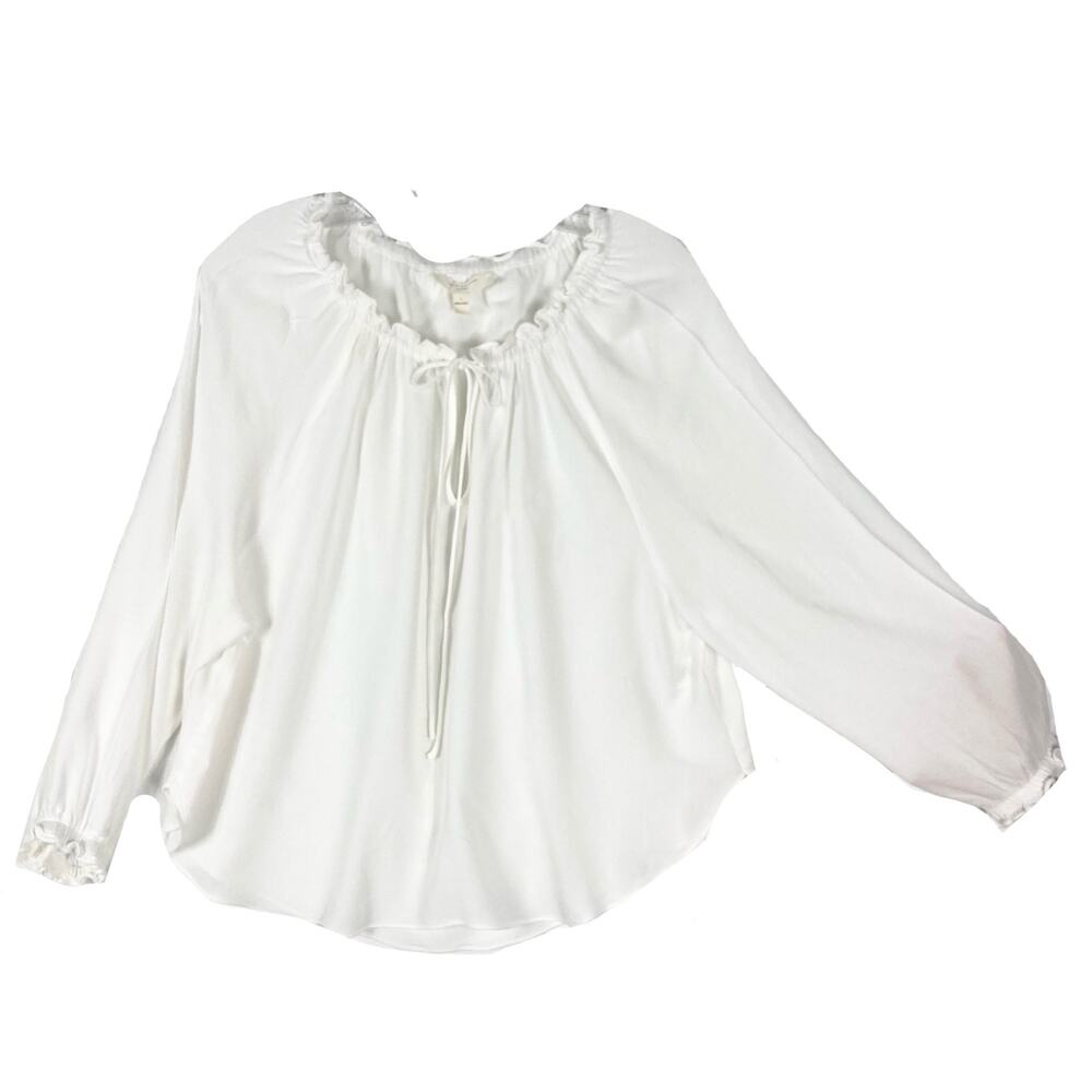 NWT GRADE & GATHER Top L Ivory Crinkle Ruffle Ruched Balloon-Long-Sleeve Bow-Tie